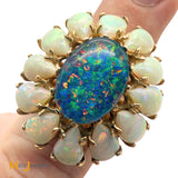Vintage Signed 18K Yellow Gold Doublet Opal and Australian Fire Opal Cluster Cocktail Ring Size 6.75