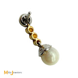 Signed 18K Two-tone Gold Pearl and 0.04ctw Diamond Post Dangle Earrings