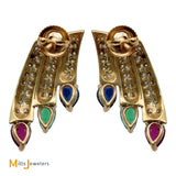 14k Yellow Gold 0.84ctw Diamond Ruby Sapphire Emerald Multi-Row Cluster Drop Earrings