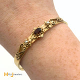14K Yellow Gold Garnet and Seed Pearl Hinged Bangle Bracelet