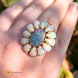 Vintage Signed 18K Yellow Gold Doublet Opal and Australian Fire Opal Cluster Cocktail Ring Size 6.75