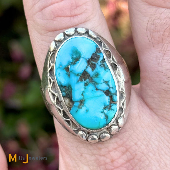 Signed P Vintage Sterling Silver 925 Blue Turquoise Ring Size 15.25
