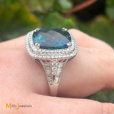 14K White Gold EFFY 12.30ct London Blue Topaz 1.20ctw Diamond Halo Cocktail Ring Size 9.5