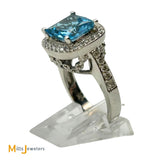 14K White Gold 4ct Cushion Cut Swiss Blue Topaz and 0.55ctw Diamond Halo Cocktail Ring Size 7