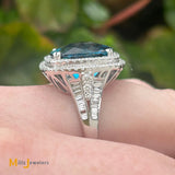 14K White Gold EFFY 12.30ct London Blue Topaz 1.20ctw Diamond Halo Cocktail Ring Size 9.5