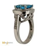 14K White Gold 4ct Cushion Cut Swiss Blue Topaz and 0.55ctw Diamond Halo Cocktail Ring Size 7