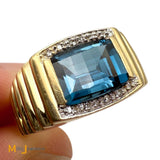 14K Yellow Gold 3.53cts Blue Topaz 0.06ctw Diamond Signet Ring Size 10.75