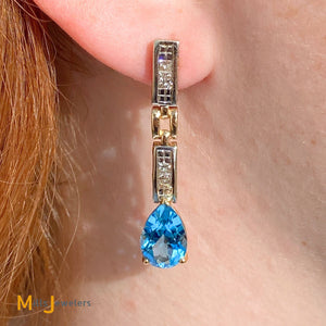 14K Two-Tone 6cts Pear-Shaped Blue Topaz 0.30ctw Diamond Dangle Earrings