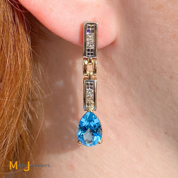 14K Two-Tone 6cts Pear-Shaped Blue Topaz 0.30ctw Diamond Dangle Earrings