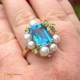 14K Yellow Gold Blue Topaz Pearl Citrine Diamond Cluster Cocktail Ring Size 8.25
