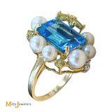 14K Yellow Gold Blue Topaz Pearl Citrine Diamond Cluster Cocktail Ring Size 8.25