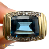 14K Yellow Gold 3.53cts Blue Topaz 0.06ctw Diamond Signet Ring Size 10.75