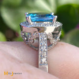 14K White Gold 4ct Cushion Cut Swiss Blue Topaz and 0.55ctw Diamond Halo Cocktail Ring Size 7