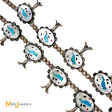 Vintage Signed R Sterling Silver 925 Turquoise and Mother of Pearl Inlay Bluebird Squash Blossom Necklace 25"