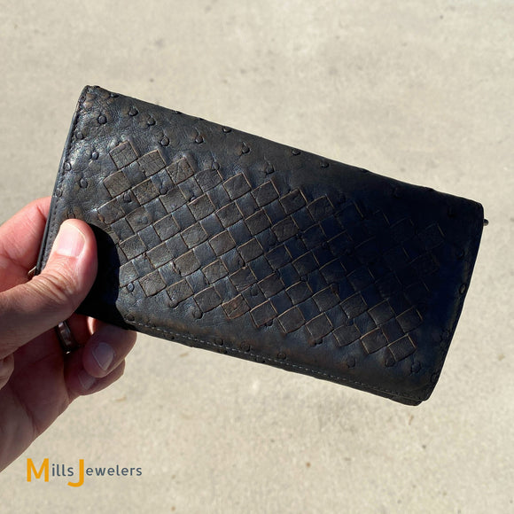 Bottega Veneta Long Bifold Intrecciato Ostrich Leather Black Continental Wallet