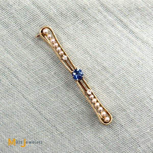 Vintage 14K Yellow Gold 0.28ct Blue Sapphire 0.05ctw Diamond and Pearl Lapel Pin