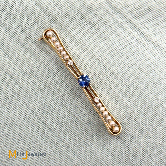 Vintage 14K Yellow Gold 0.28ct Blue Sapphire 0.05ctw Diamond and Pearl Lapel Pin