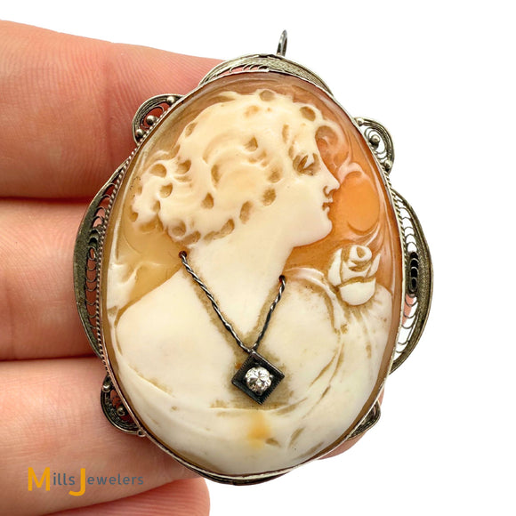 Antique 14K White Gold Hand-Carved Habille Cameo 0.04ct Diamond Pendant/Brooch