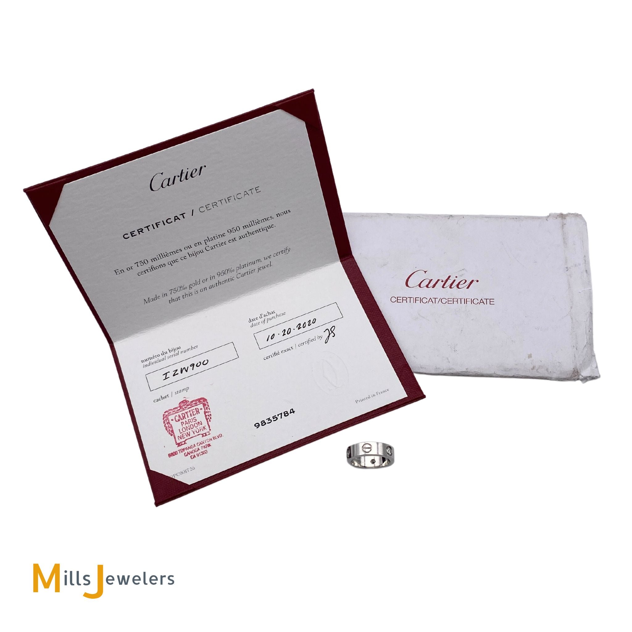 Cartier 18K White Gold 0.22ctw 3 Diamond Love Ring with Certificate Si Mills Jewelers Loan