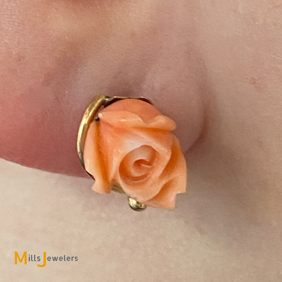 14K Yellow Gold Carved Coral Rose Stud Earrings