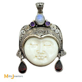 Carved Buffalo Bone Thai Moon Face Sterling Silver 925 Garnet Amethyst and Moonstone Pendant