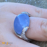 14K White Gold 14.81ct Oval Cabochon Chalcedony 0.51cts Diamond Ring Size 5.5