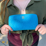 Chanel Camellia Embossed Blue Lambskin Continental Wallet