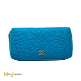 Chanel Camellia Embossed Blue Lambskin Continental Wallet