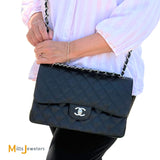 Chanel Double Flap Quilted Caviar Leather Black Crossbody Bag Jumbo 2018