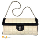 Chanel Vintage Cream and Black Patent Leather Chocolate Bar East West Shoulder Bag