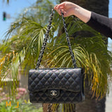 Chanel Double Flap Quilted Caviar Leather Black Crossbody Bag Jumbo 2018