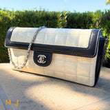Chanel Vintage Cream and Black Patent Leather Chocolate Bar East West Shoulder Bag
