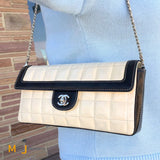 Chanel Vintage Cream and Black Patent Leather Chocolate Bar East West Shoulder Bag
