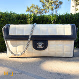 Chanel Vintage Cream and Black Patent Leather Chocolate Bar East West Shoulder Bag