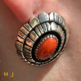 Chester Benally Navajo Signed Sterling Silver 925 Coral Earrings