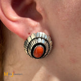 Chester Benally Navajo Signed Sterling Silver 925 Coral Earrings