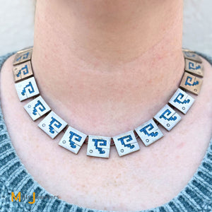 Sterling Silver 925 Turquoise Chip Inlay Box Link Panel Necklace
