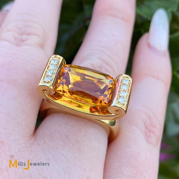 18K Yellow Gold 6.19ct Citrine 0.16cts Diamond Cocktail Ring Size 6.5