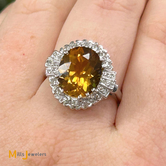 14K White Gold 4.23ct Citrine 0.30ctw Diamond Cocktail Ring Size 7.5