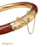 14K Yellow Gold Floral Engraved Orange Brown Jade Hinged Bangle Bracelet
