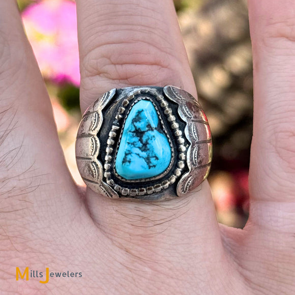 Vintage Signed BM Native American Sterling Silver 925 Blue Turquoise Ring Size 10.25