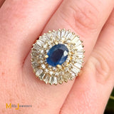 Vintage 14K Yellow Gold 1.09ct Blue Sapphire and 1.79ctw Diamond Cluster Halo Ring Size 7.25