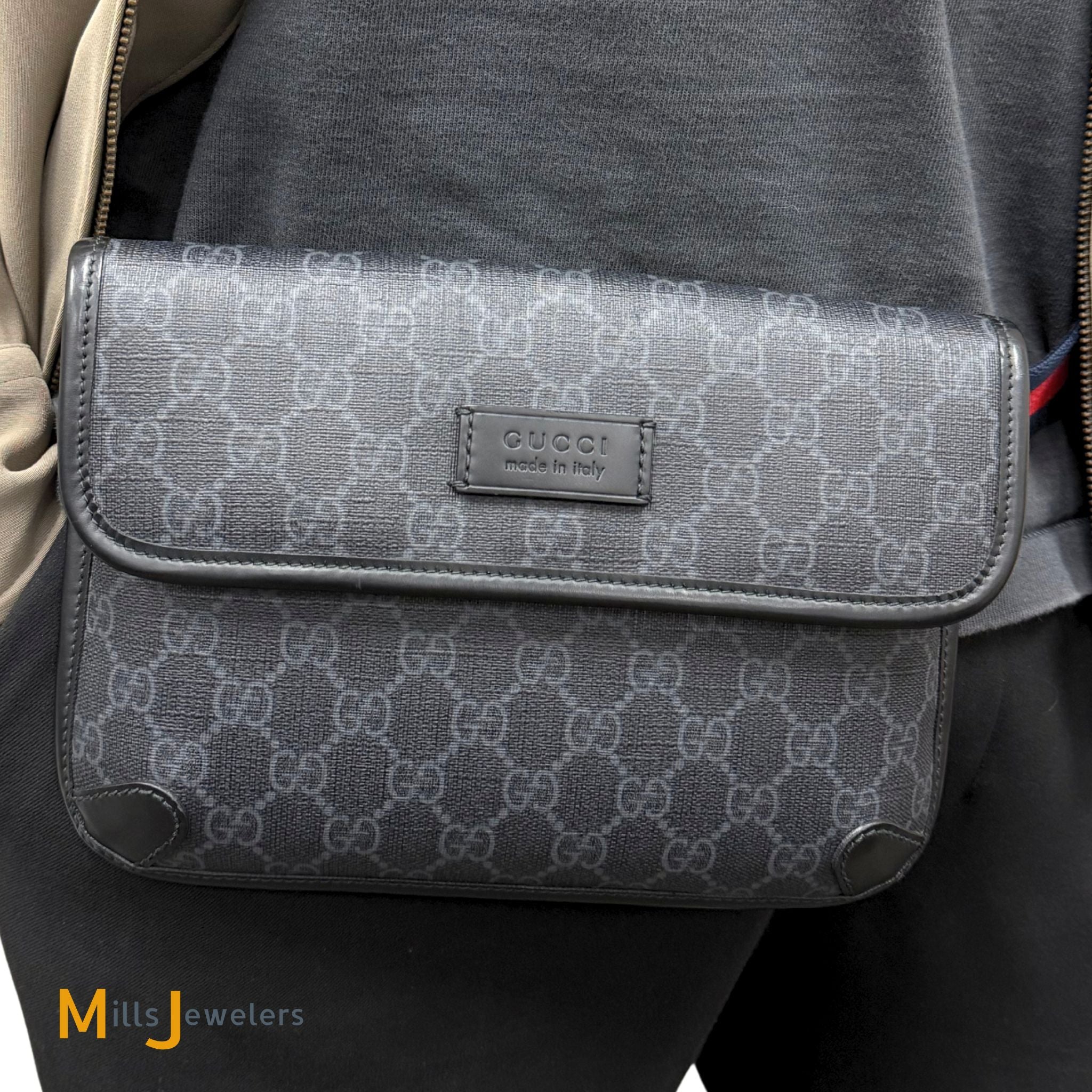 Gucci GG Supreme Black/Grey Coated Canvas Belt Flap Bag 
