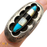 Vintage Sterling Silver 925 Mother of Pearl, Onyx, and Turquoise Shadowbox Ring Size 8.25