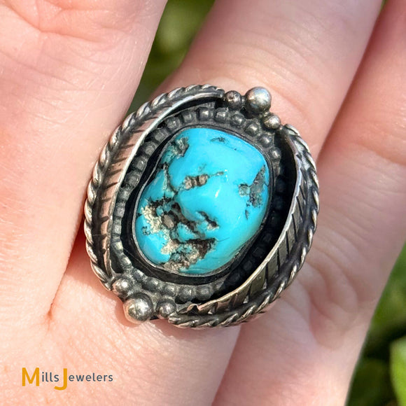 Signed RVK Vintage Sterling Silver 925 Blue Turquoise Leaf Ring Size 6.75