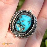 Signed RVK Vintage Sterling Silver 925 Blue Turquoise Leaf Ring Size 6.75