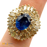 Vintage 14K Yellow Gold 1.09ct Blue Sapphire and 1.79ctw Diamond Cluster Halo Ring Size 7.25