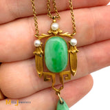 Antique Art Nouveau 14K Yellow Gold Jade and Pearl Dangle Necklace 16"
