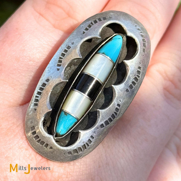 Vintage Sterling Silver 925 Mother of Pearl, Onyx, and Turquoise Shadowbox Ring Size 8.25