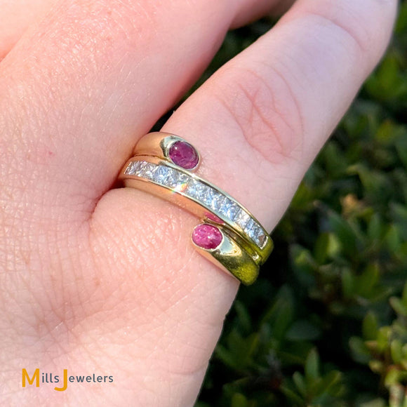 14k Yellow Gold 0.32ctw Ruby and 0.66ctw Princess Cut Diamond Band Ring Size 5.25